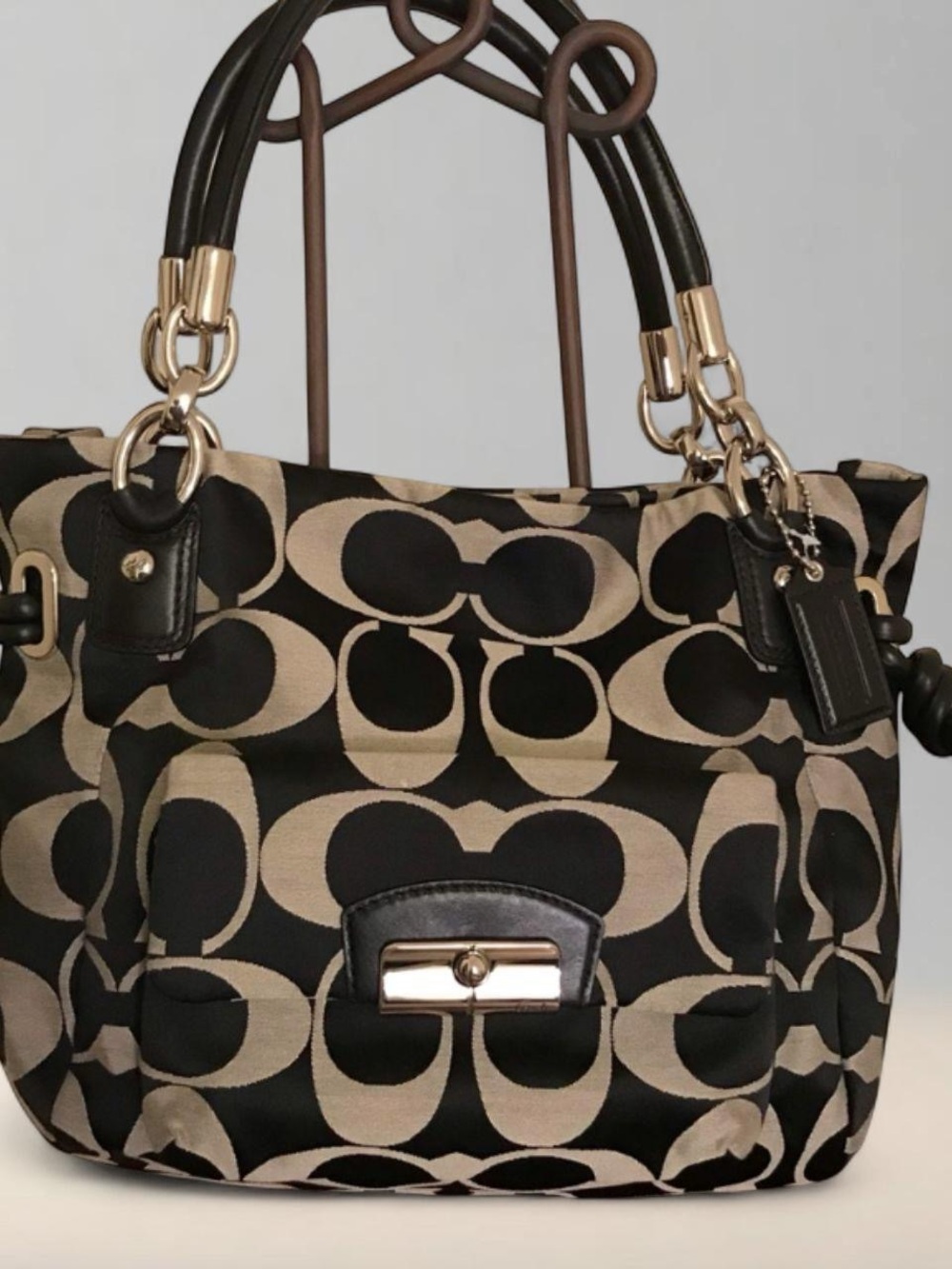 2000s Coach Kristin C Monogram Black & Gray Signature Canvas Tote Shoulder Bag